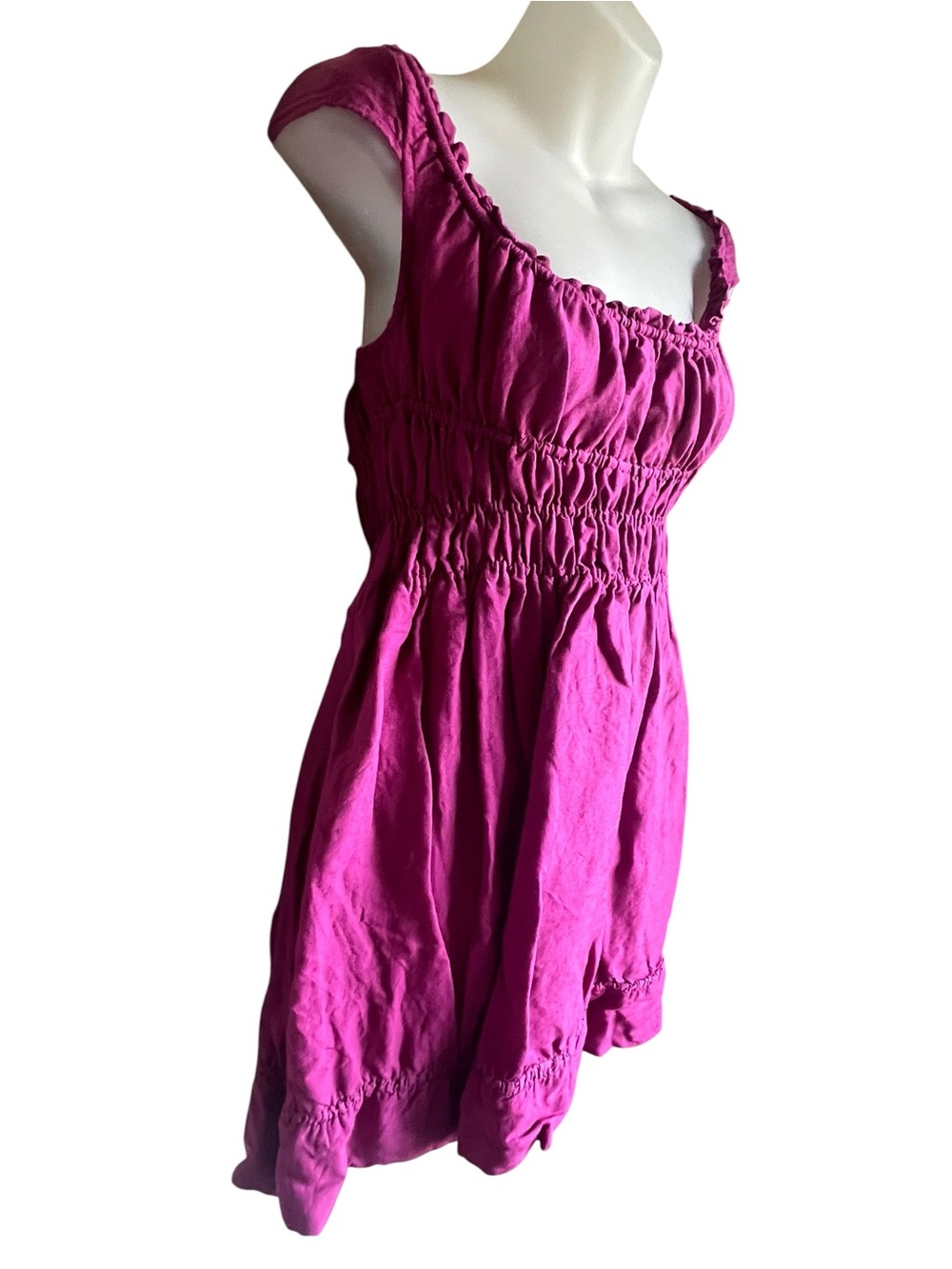 Anthropologie XS‎ Pink Linen Smocked Empire Waist Babydoll Tunic Mini Dress Boho